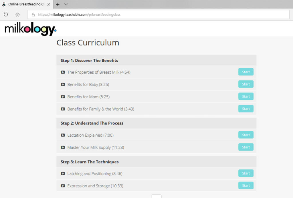 A screenshot of Milkology Ultimate Breastfeeding Class curriculum