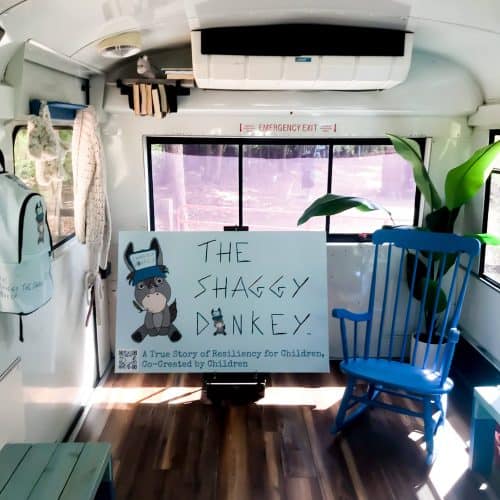 The Shaggy Donkey bus and book cover